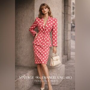 Vintage 90s Emanuel Ungaro Parallele Silk Polka Dot Skirt Suit